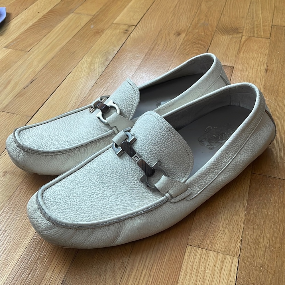 Classic white gancini Ferragamo driver loafers